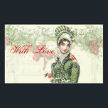 A Joyous Noel with Love Rectangular Sticker<br><div class="desc">A beautiful vintage Regency fashion plate teamed with adorable vintage images of robins takes centre stage in this festive shabby chic romantic Jane Austen inspired collage.  © Wickedly Lovely</div>