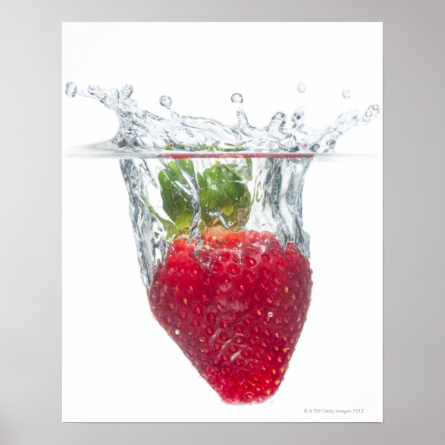 A juicy ripe organic Strawberry fruit splashing Poster (Front)