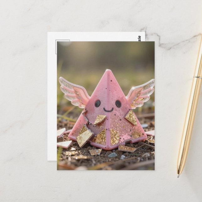 A Kawaii flying pink pyramid Postcard (Front/Back In Situ)