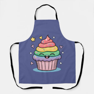 A Kawaii giggling cupcake with rainbow frosting an Apron