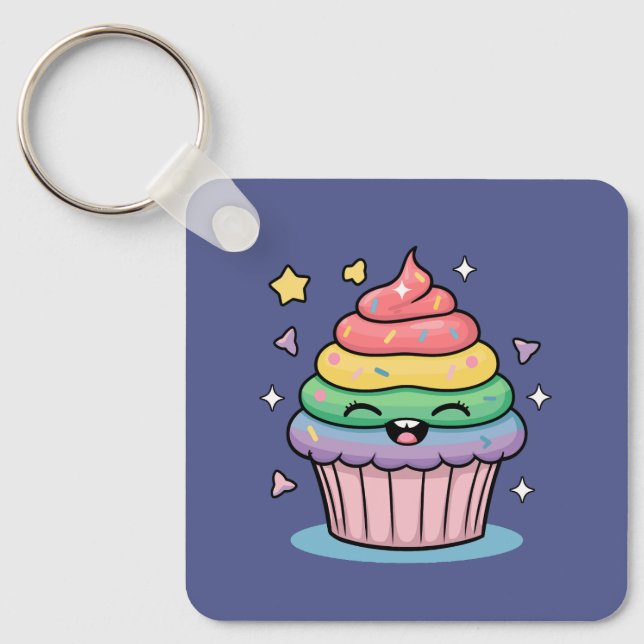 A Kawaii giggling cupcake with rainbow frosting an Key Ring (Front)