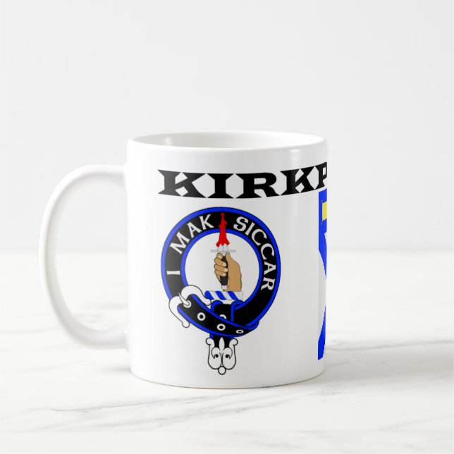 A Kirkpatrick mug featuring blue badges (Left)