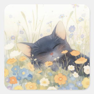 A Kitten Floral Bed Square Sticker