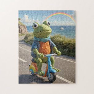A knitted frog rides a scooter jigsaw puzzle