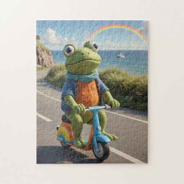 A knitted frog rides a scooter jigsaw puzzle (Vertical)