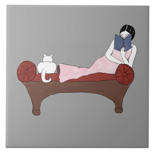 A Lady, A Cat and A Very Good Book Ceramic Tile (Front)