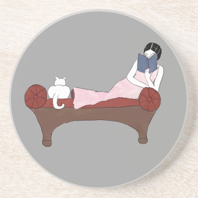 A Lady, A Cat and A Very Good Book Coaster (Front)