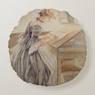 A Lady Copying at a Drawing Table, c.1760-70 (grap Round Cushion