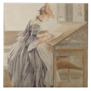 A Lady Copying at a Drawing Table, c.1760-70 (grap Tile
