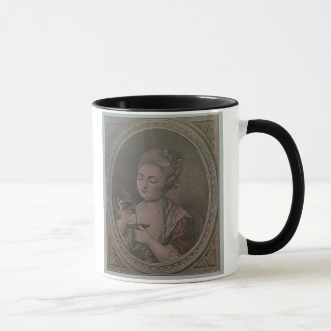 A Lady Drinking Chocolate (colour litho) Mug (Right)