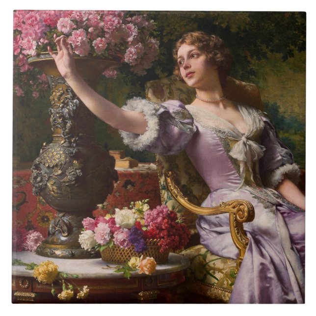 A Lady In A Lilac Dress With Flowers Ceramic Tile (Front)