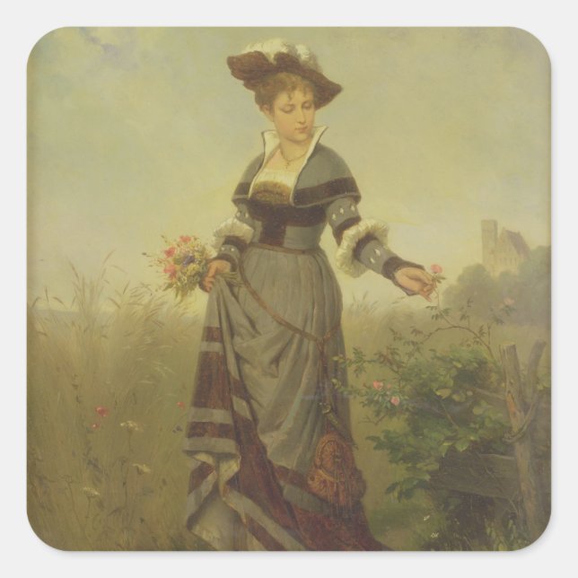 A Lady picking flowers in a landscape (panel) Square Sticker (Front)