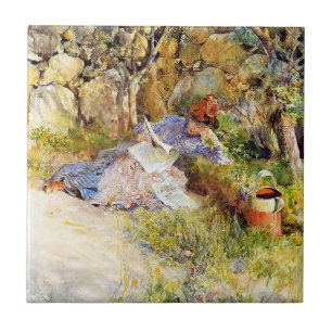 A Lady Reading a Newspaper by Carl Larsson Ceramic Tile