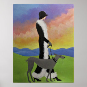 A lady walking her dog/ Poster