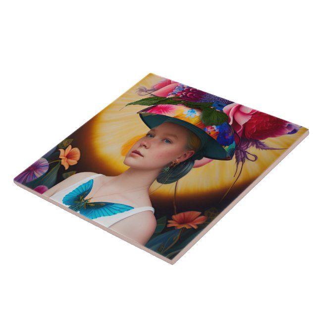 A lady with a floral sun hat ceramic tile (Side)