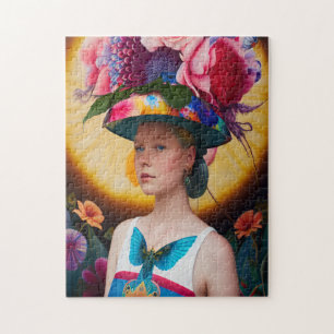 A lady with a floral sun hat jigsaw puzzle