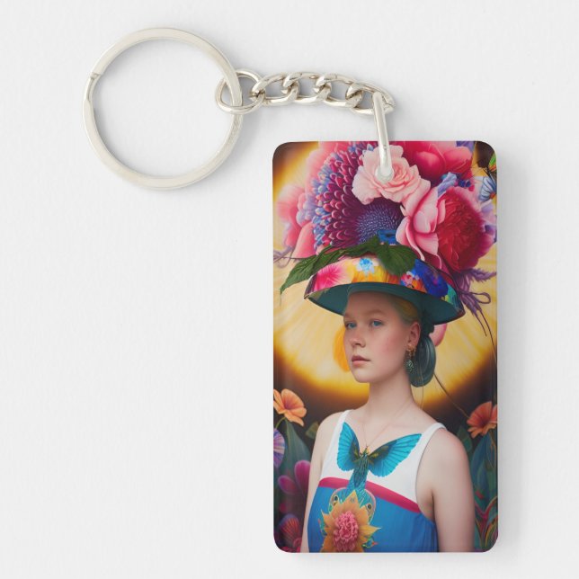 A lady with a floral sun hat key ring (Front)