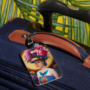 A lady with a floral sun hat luggage tag