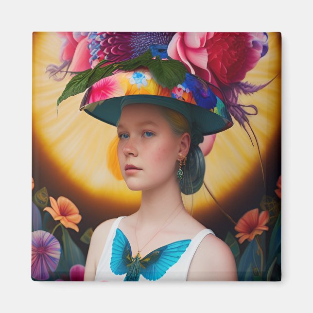 A lady with a floral sun hat magnet (Front)