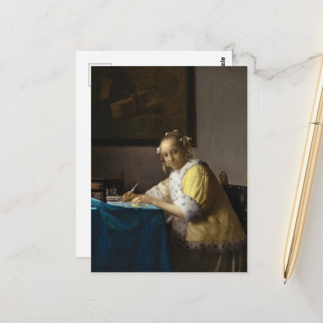 A Lady Writing by Johannes Vermeer Postcard (Front/Back In Situ)