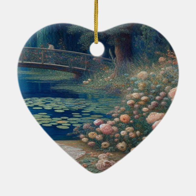A Lake With Lily Pads and Flowers Valentine Tree Ceramic Ornament (Back)