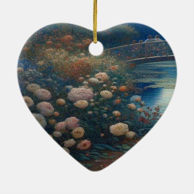 A Lake With Lily Pads and Flowers Valentine Tree Ceramic Ornament (Back)