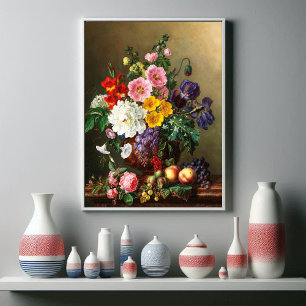 A Large Bouquet of Flowers with Peaches and Grapes Poster