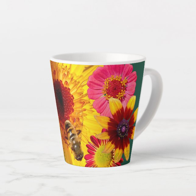 A latte cup of colorful flower and bee fun.  (Right Angle)