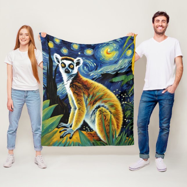 A Lemur in the Starry Night Fleece Blanket (In Situ)