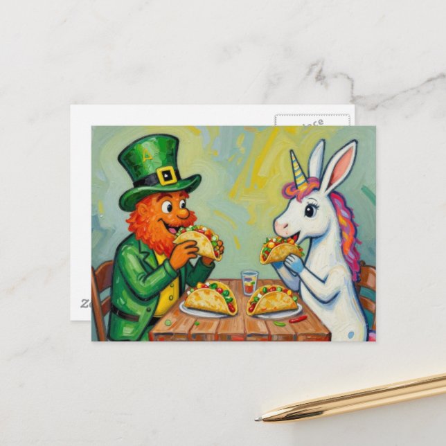 A leprechaun and a unicorn rabbit eating tacos postcard (Front/Back In Situ)