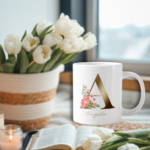 A Letter Gold Monogram Floral Red Purple Greenery Large Coffee Mug