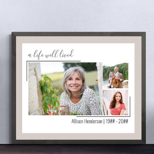 A Life Well Lived Elegant Script 3 Photo Funeral Poster