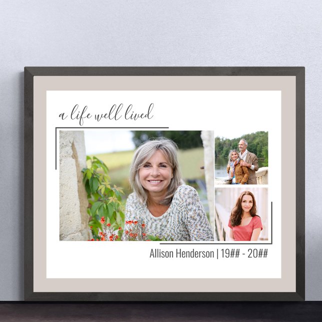 A Life Well Lived Elegant Script 3 Photo Funeral Poster (Funeral memorial poster to order professionally printed or as a printable digital download)