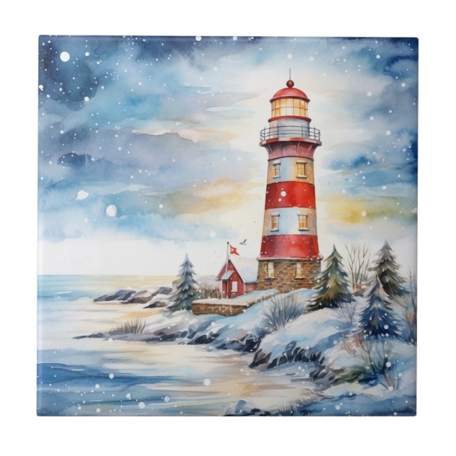 A Lighthouse in Winter Ceramic Tile (Front)