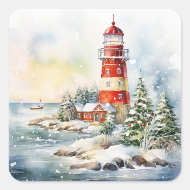 A Lighthouse in Winter Square Sticker (Front)