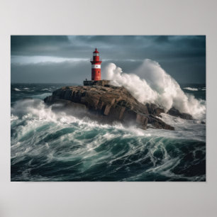 A lighthouse surrounded by waves poster