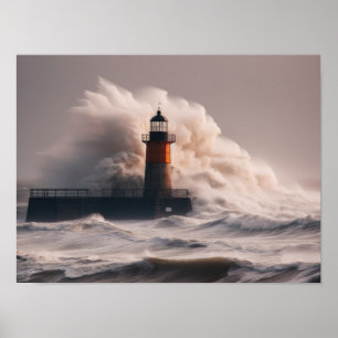 A lighthouse surrounded by waves poster