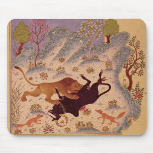 A Lion Attacking and Killing a Bull Mouse Pad