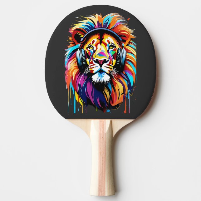 A lion in headphones ping pong paddle (Front)