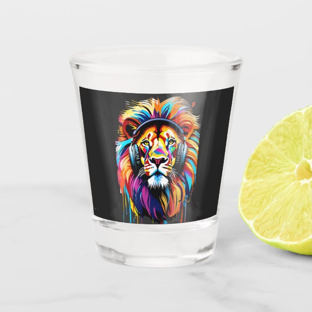 A lion in headphones shot glass (Front)