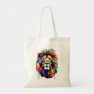 A lion in headphones tote bag