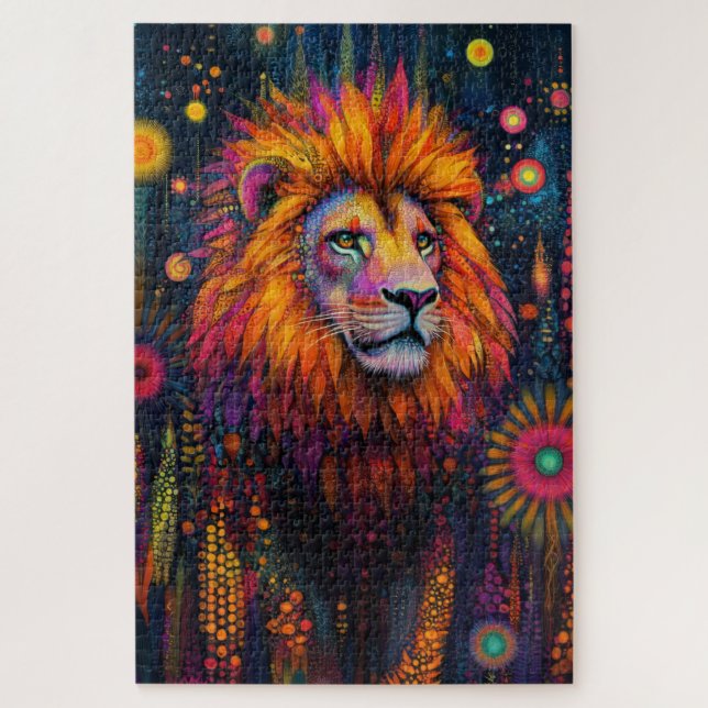 A lion walking through a psychedelic jungle jigsaw puzzle (Vertical)