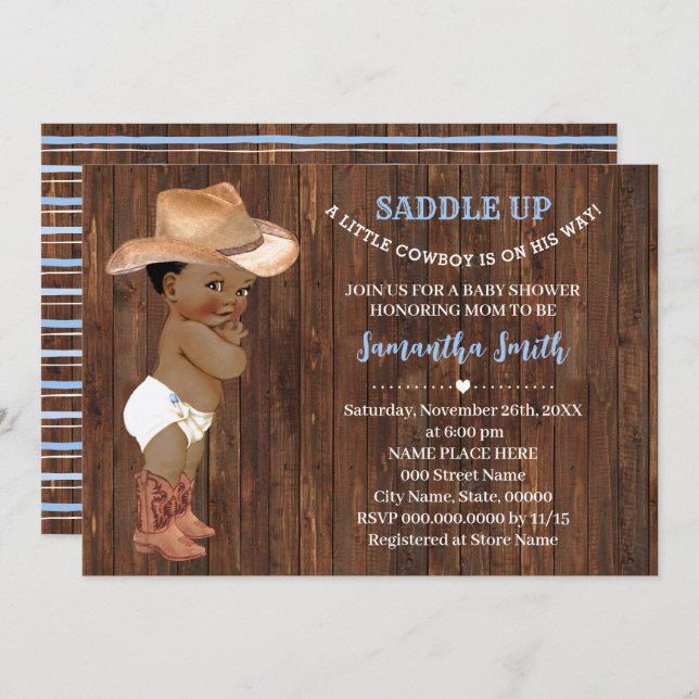 A Little AA Cowboy in on His Way Blue Baby Shower Invitation (Front/Back)