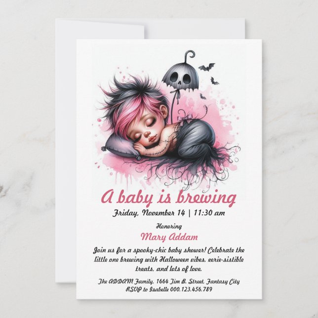 A Little Baby is Brewing | Pink Halloween Baby Sho Invitation (Front)