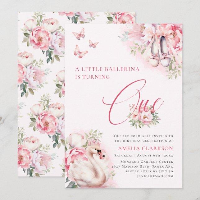 A Little Ballerina Swan Lake First Birthday Invitation (Front/Back)