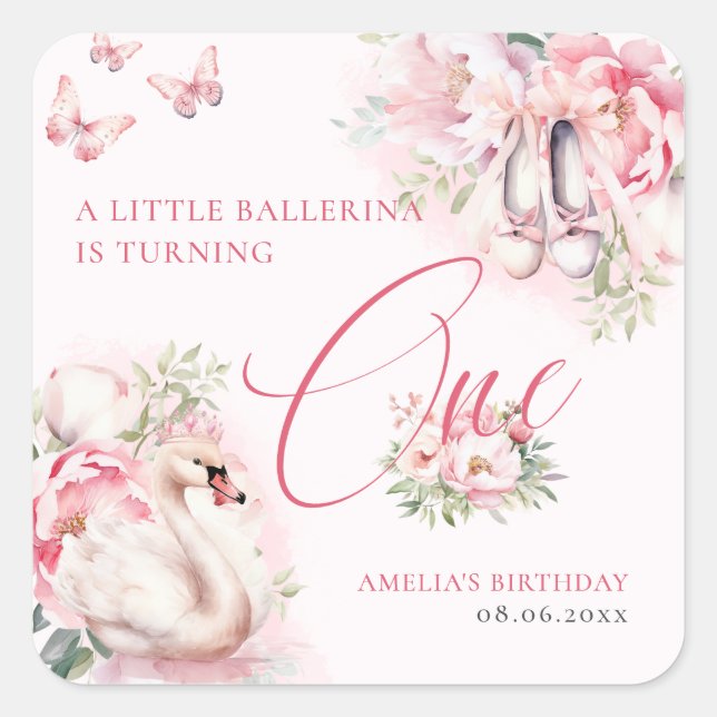 A Little Ballerina Swan Lake First Birthday Square Sticker (Front)