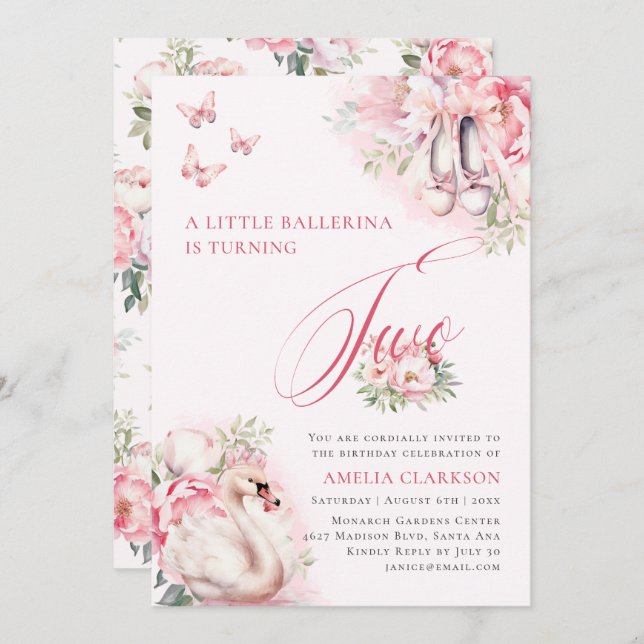 A Little Ballerina Swan Lake Second Birthday Invitation (Front/Back)