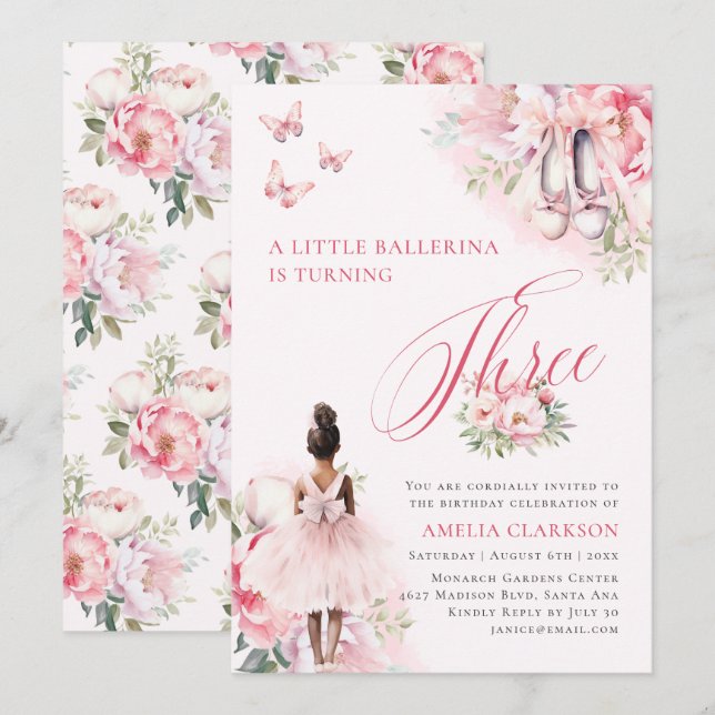 A Little Ballerina Swan Lake Third Birthday Invitation (Front/Back)