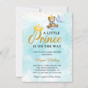 A Little Bear Prince Blue Gold Boy Baby Shower Invitation