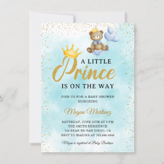 A Little Bear Prince Blue Gold Boy Baby Shower Invitation